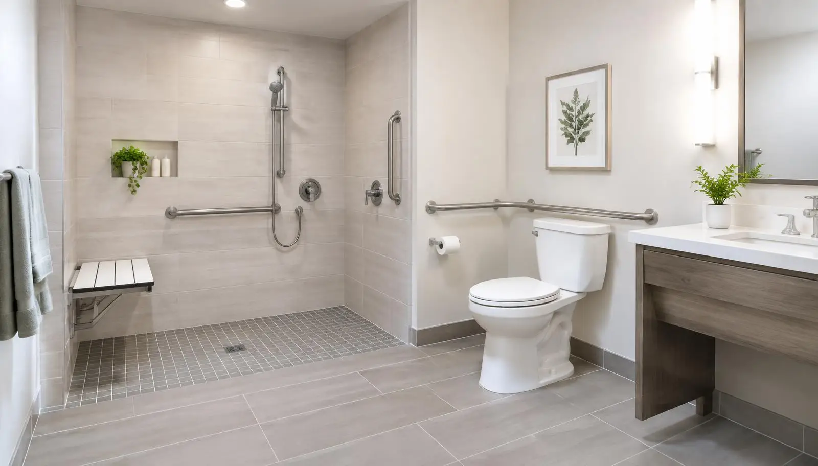 Accessible bathroom with curbless shower, fold down seat and stainless grab bars