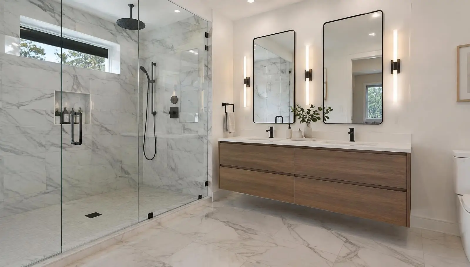 Remodeled bathroom with frameless glass walk in shower, marble tile and floating wood vanity