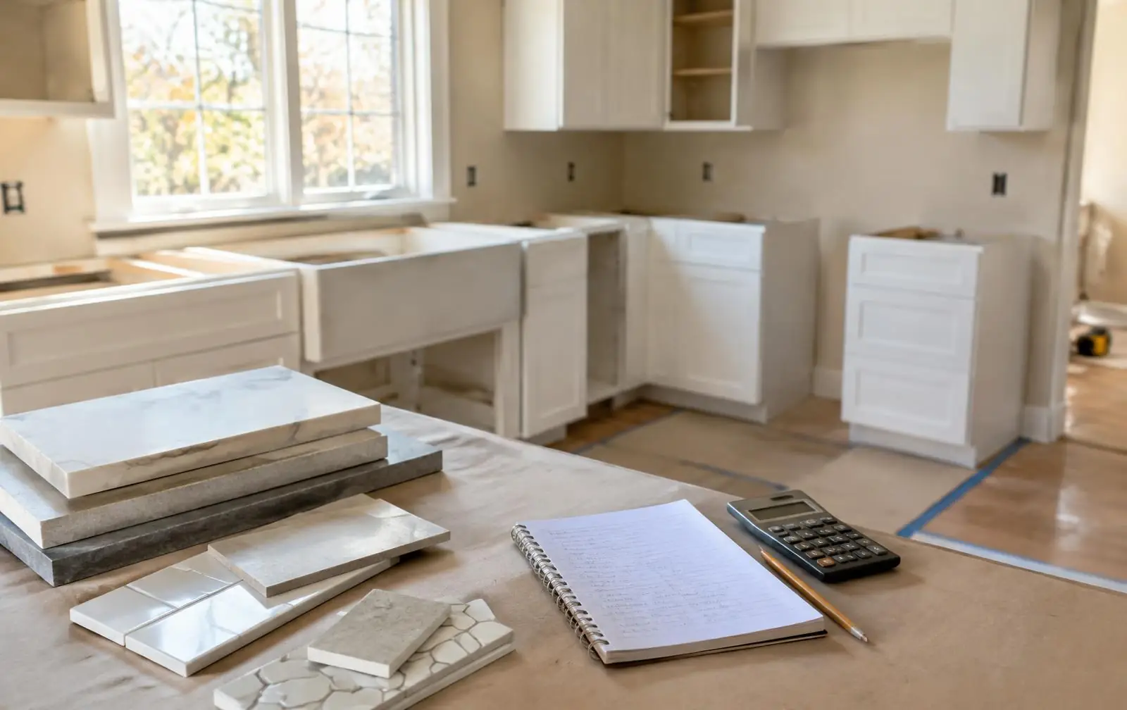 Kitchen renovation with material samples and budget notes on a work surface