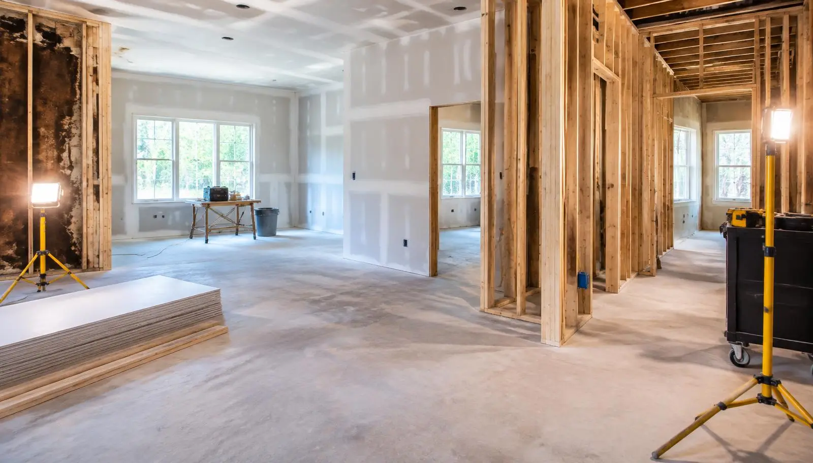 Room being rebuilt after a fire with fresh framing and new drywall
