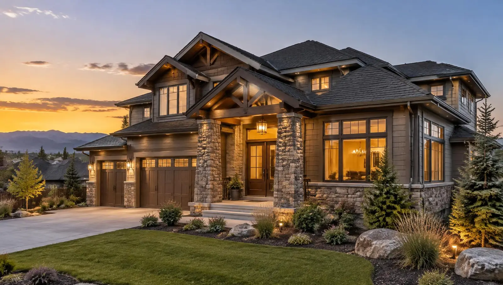 Remodeled craftsman home in Aurora, Colorado at sunset with stone columns and warm lights