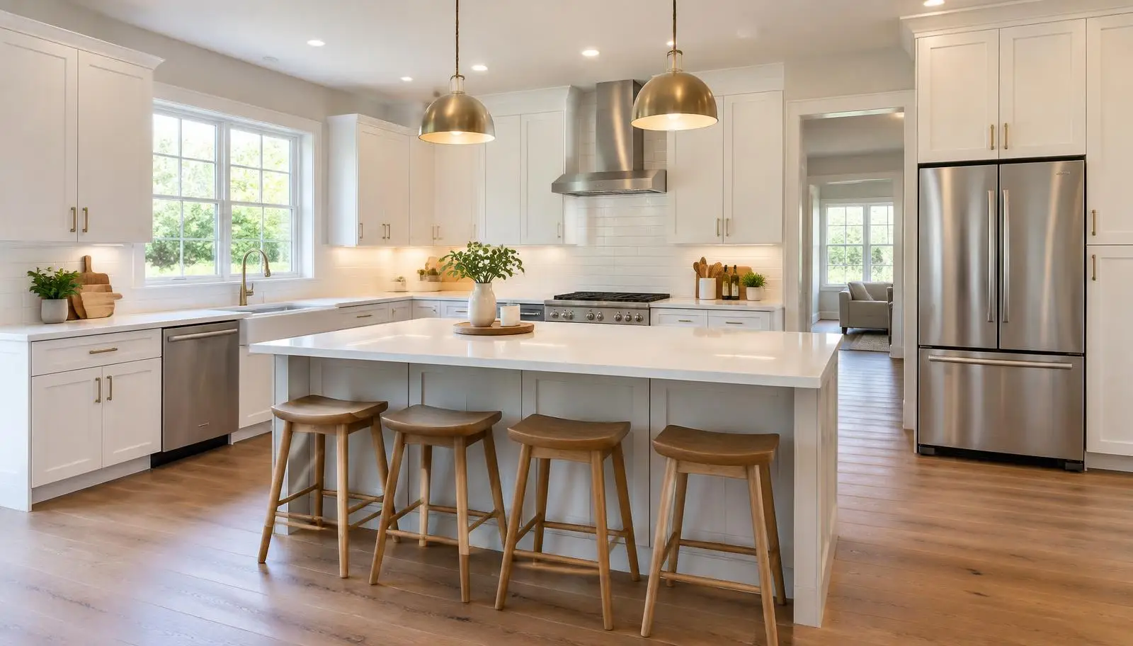Remodeled kitchen with white shaker cabinets, quartz island and subway tile backsplash