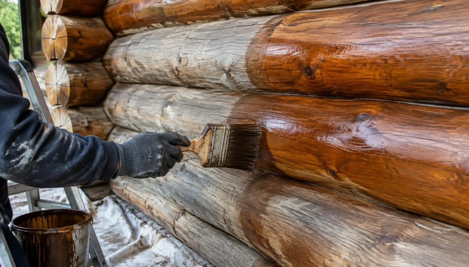 Worker brushing warm brown stain onto the exterior logs of a log home
