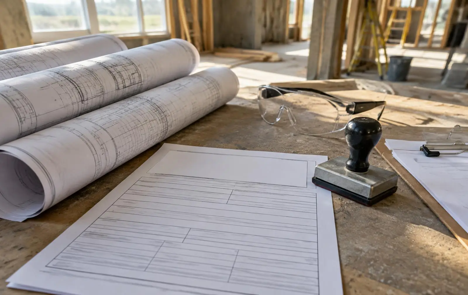 Rolled plans and a building permit form on a job site table